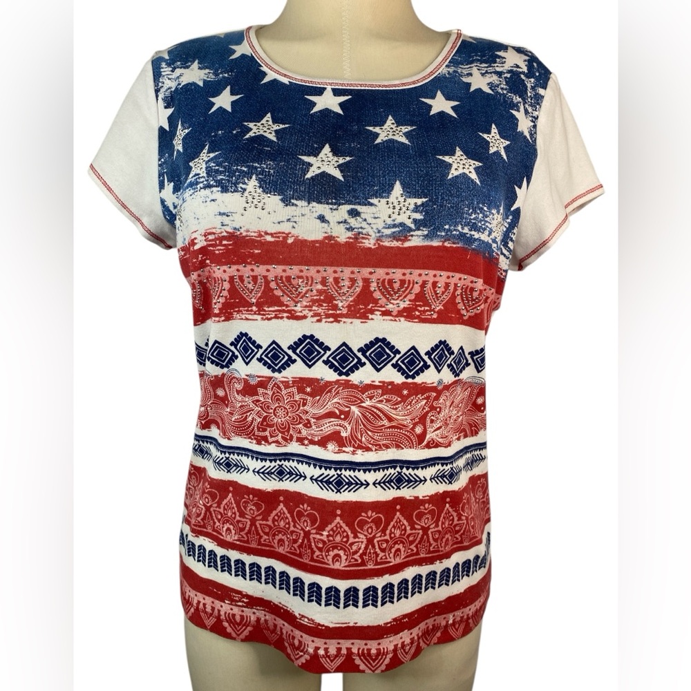 Blue Canyon Clothing Patriotic Red, White, and Blue Short Sleeve Women's Top XL